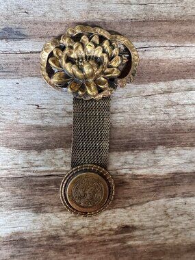Antique Gold Toned Mesh Chatelaine Brooch Floral Motif Decorative Engraved